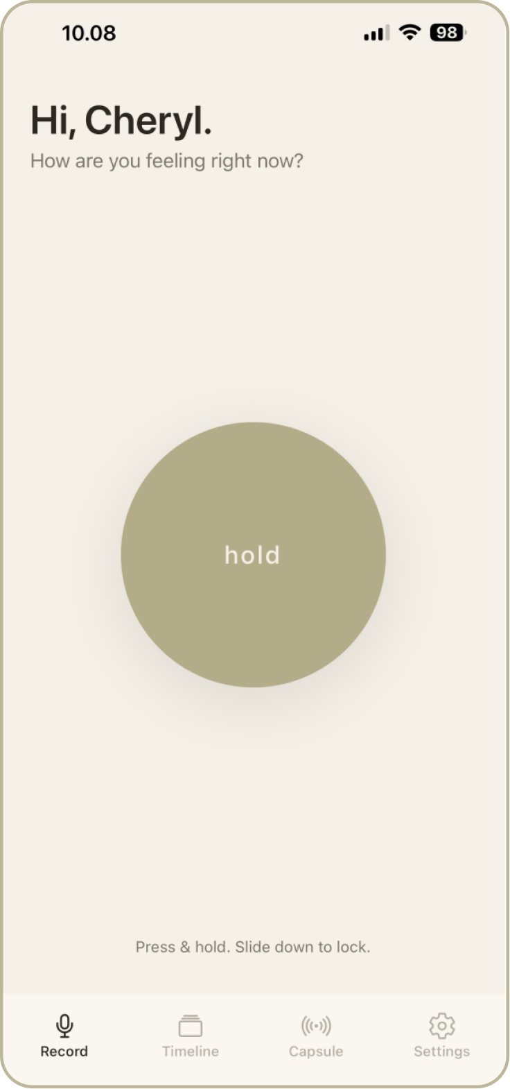 Whispery's record screen with the press-and-hold button highlighted