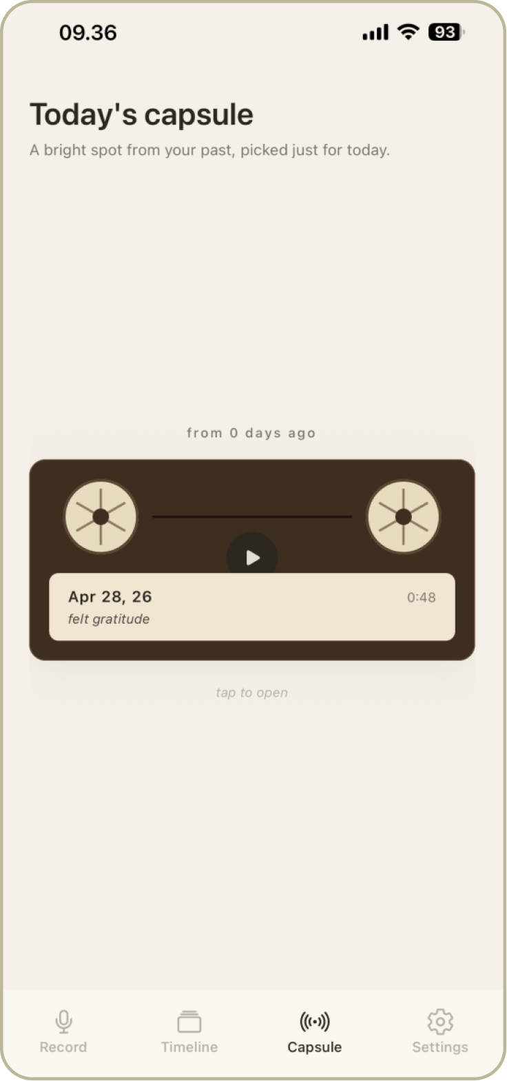 Timeline screen with mood heatmap and past whispers