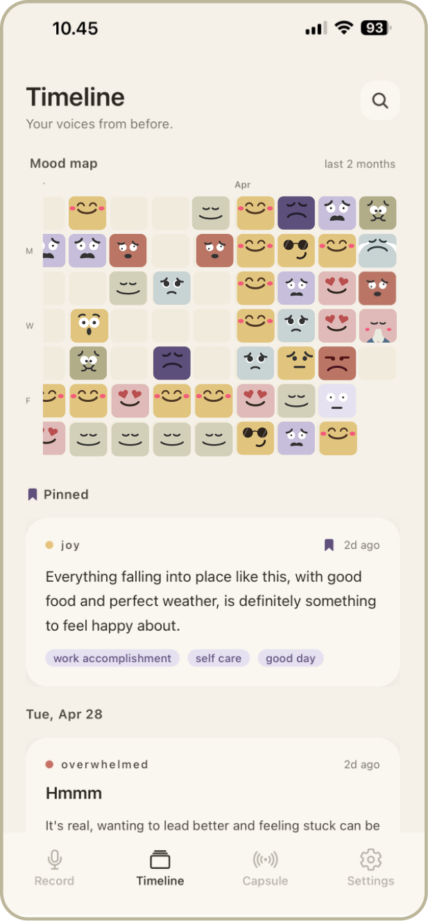 Whispery on iPhone — press and hold to start journaling